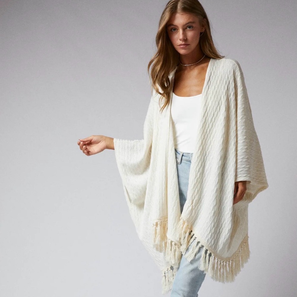 Sonoma Cream Knit Poncho with Fringe